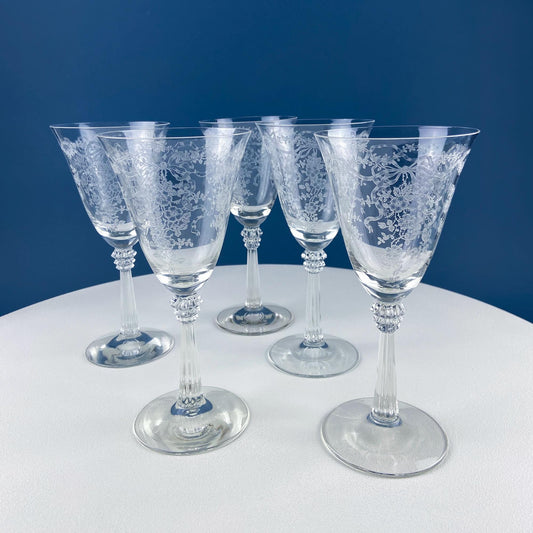 Vintage Fostoria Romance Crystal Wine Goblets. Set of 5 Etched Stemware. Tea Rose Garlands Motif. Dining Room Table Decor. Gift for Him Her. - Tampa Home & Garden Store