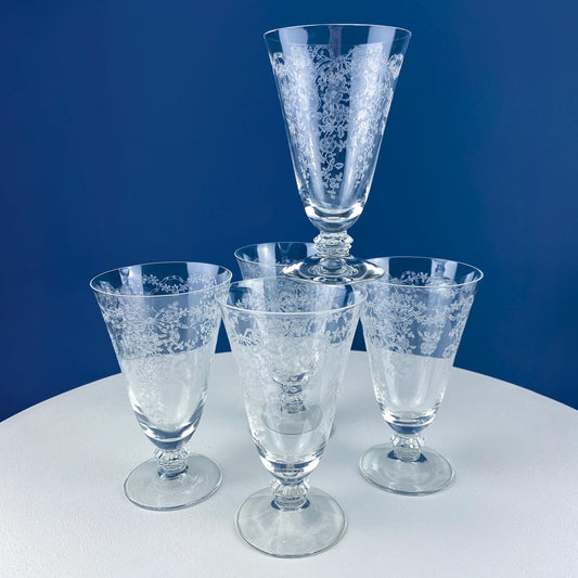 Vintage Fostoria Romance Juice Water Iced Tea Parfait Goblets. Set of 5 Etched Crystal Stemware. Dining Room Table Decor. Gift for Him Her. - Tampa Home & Garden Store