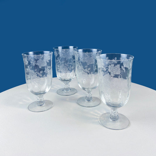 Vintage Fostoria Willowmere Etched Crystal Iced Tea Stemmed Glasses. Set of 4 Juice Stemware. Floral Motif. Dining Room Decor. Collectibles. - Tampa Home & Garden Store