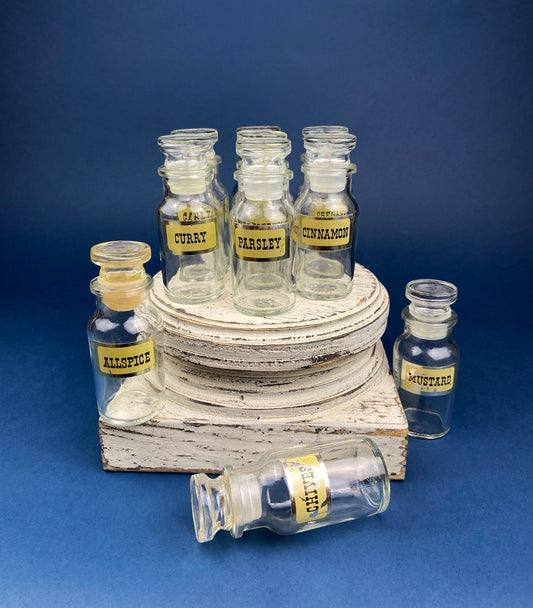 Vintage Glass Spice/Apothecary Bottles with Glass Stoppers.  Collectible Bottles For Home, Cafe or Store Display. Set of Ten Bottles. - Tampa Home & Garden Store