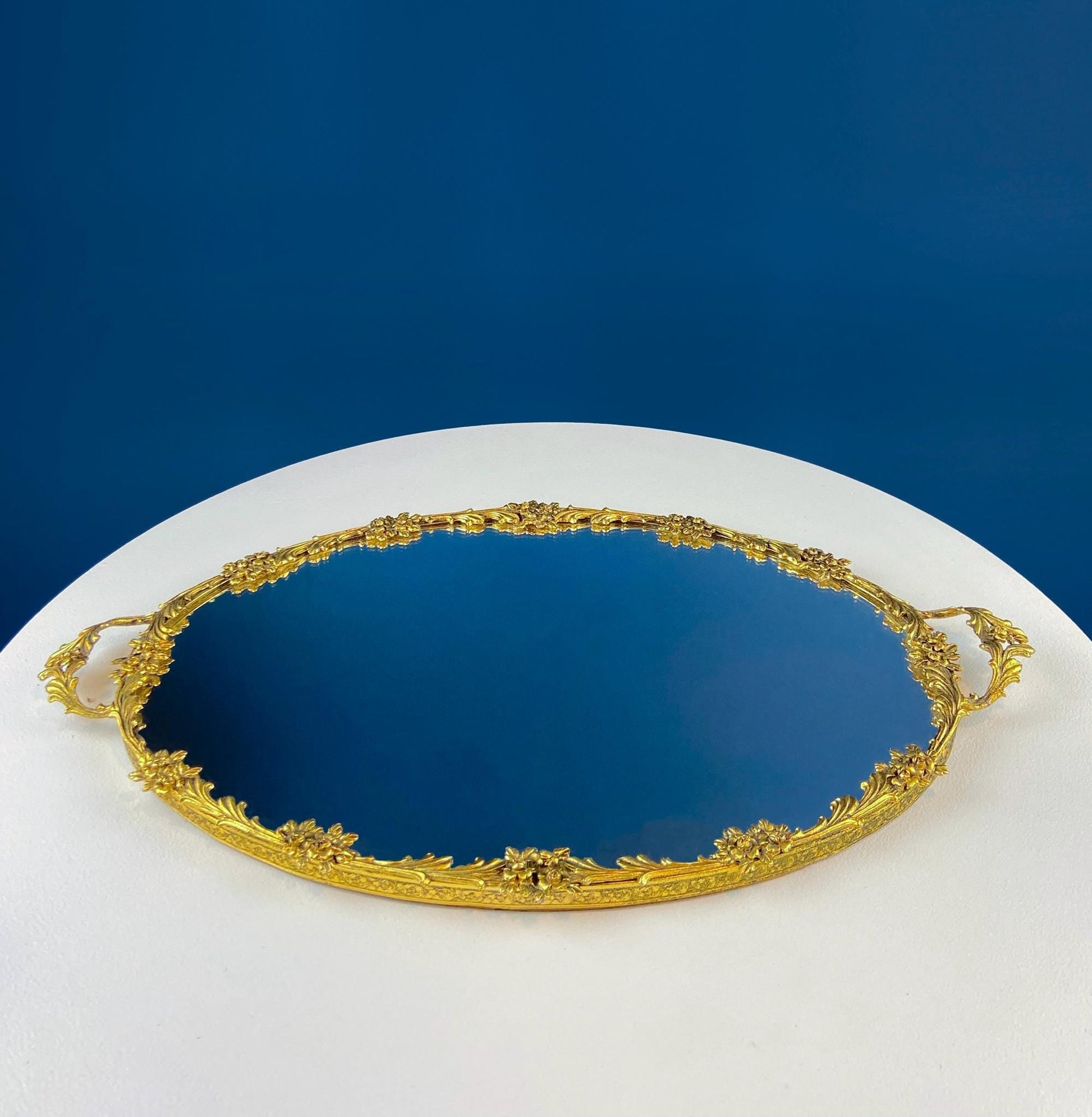Vintage Gold Dresser Vanity Mirrored Tray. Rich Gilded Metal Tea Rose Oval Frame. Chic Bedroom Bath Perfume Display. Wall Hanging. - Tampa Home & Garden Store