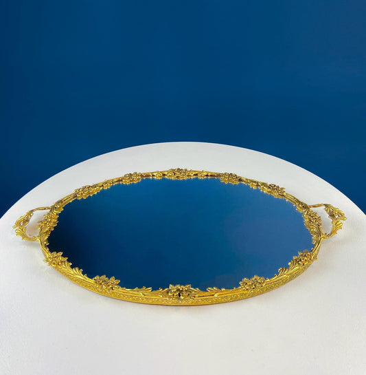 Vintage Gold Dresser Vanity Mirrored Tray. Rich Gilded Metal Tea Rose Oval Frame. Chic Bedroom Bath Perfume Display. Wall Hanging. - Tampa Home & Garden Store