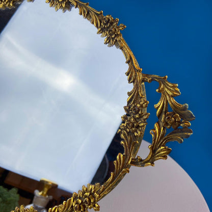 Vintage Gold Dresser Vanity Mirrored Tray. Rich Gilded Metal Tea Rose Oval Frame. Chic Bedroom Bath Perfume Display. Wall Hanging. - Tampa Home & Garden Store