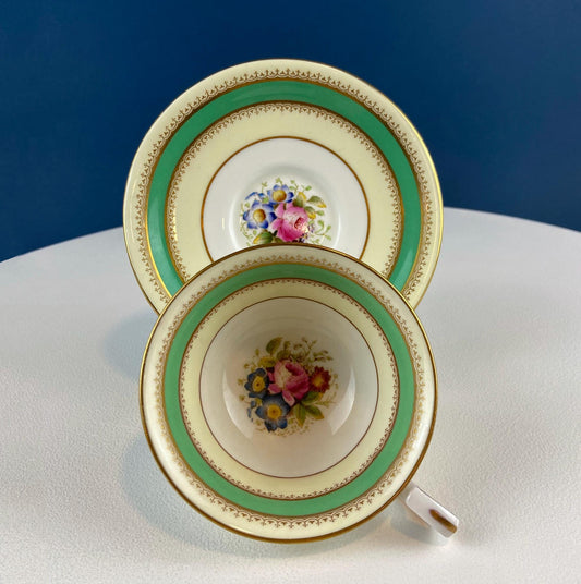 Vintage Green and Yellow Royal Worcester Teacup or Coffee Cup & Saucer. Hand Painted Floral Motif. Gift for Tea Lovers. Dining Table. - Tampa Home & Garden Store