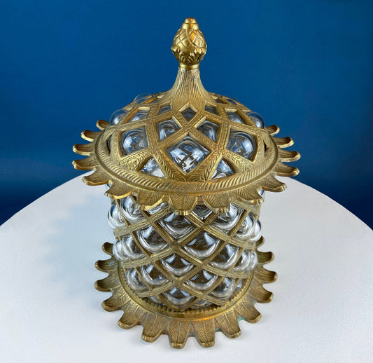 Vintage Hand Blown Bubble Glass Brass Urn Jar, Pineapple Design - Tampa Home & Garden Store