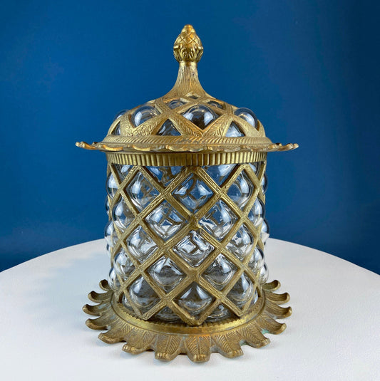 Vintage Hand Blown Bubble Glass Brass Urn Jar, Pineapple Design - Tampa Home & Garden Store