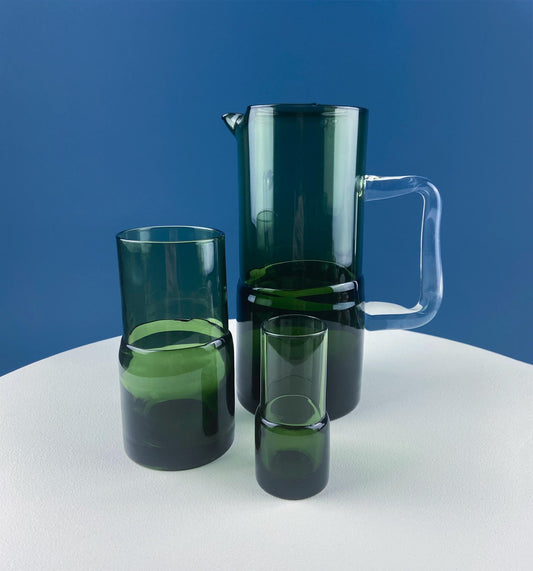 Vintage Hand Blown Double Dipped Modern Dark Green Pitcher with Glasses & 5 Small Juice Tumblers. Dining Room Decor. - Tampa Home & Garden Store