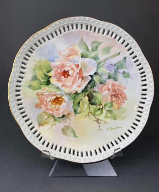 Vintage Hand Painted Porcelain Plate: Rose Motif, Reticulated Rim - Tampa Home & Garden Store