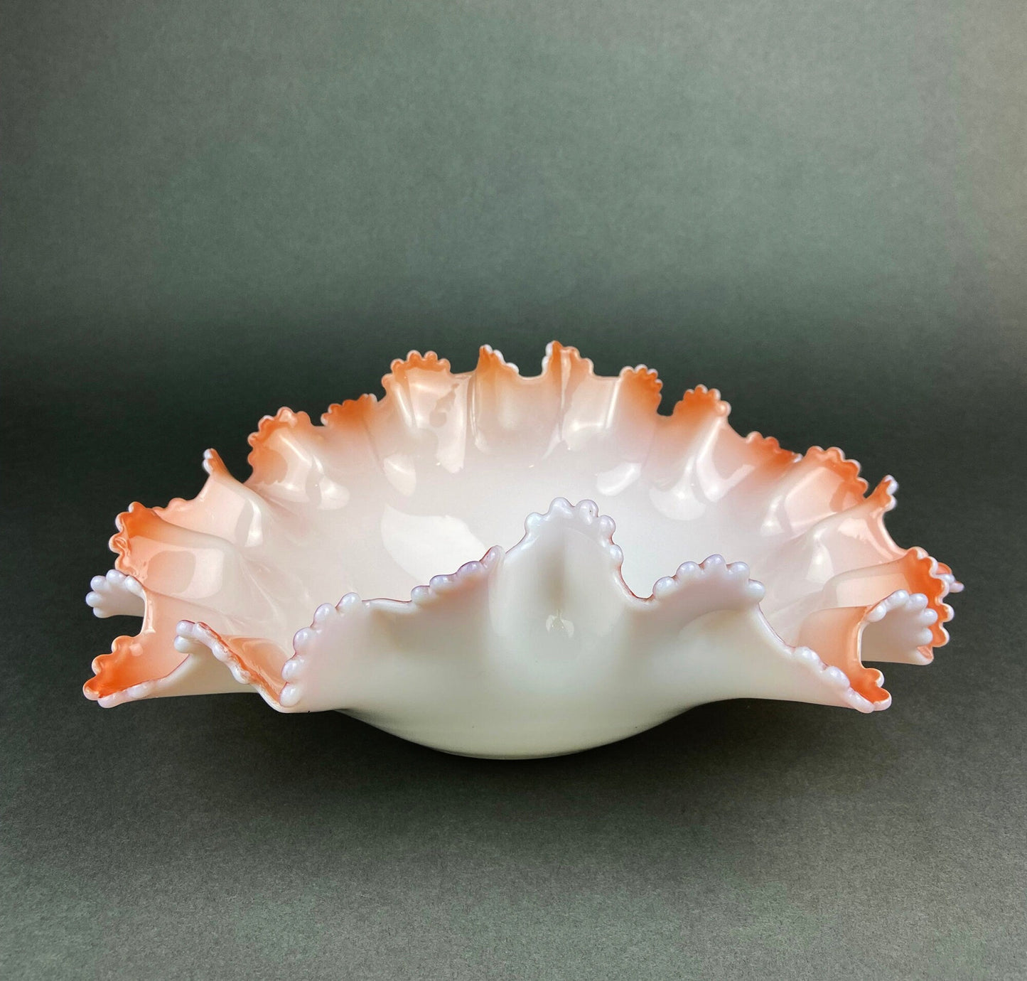 Vintage Heirloom Opalescent Glass Bowl. White and Peachy Pink Serving Dish. Collectible Tableware with Ruffled and Scalloped Edges. - Tampa Home & Garden Store