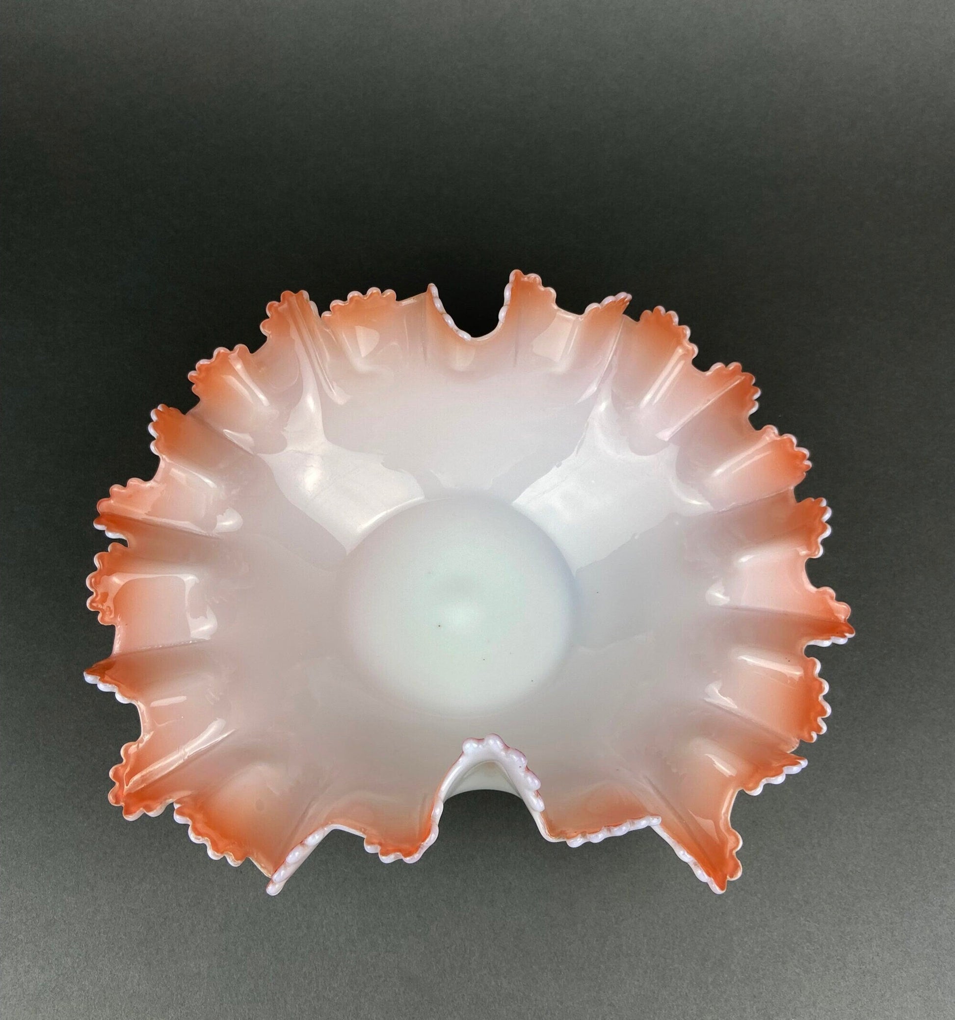 Vintage Heirloom Opalescent Glass Bowl. White and Peachy Pink Serving Dish. Collectible Tableware with Ruffled and Scalloped Edges. - Tampa Home & Garden Store