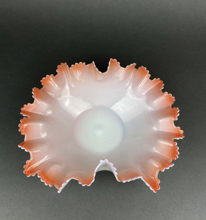 Vintage Heirloom Opalescent Glass Bowl. White and Peachy Pink Serving Dish. Collectible Tableware with Ruffled and Scalloped Edges. - Tampa Home & Garden Store