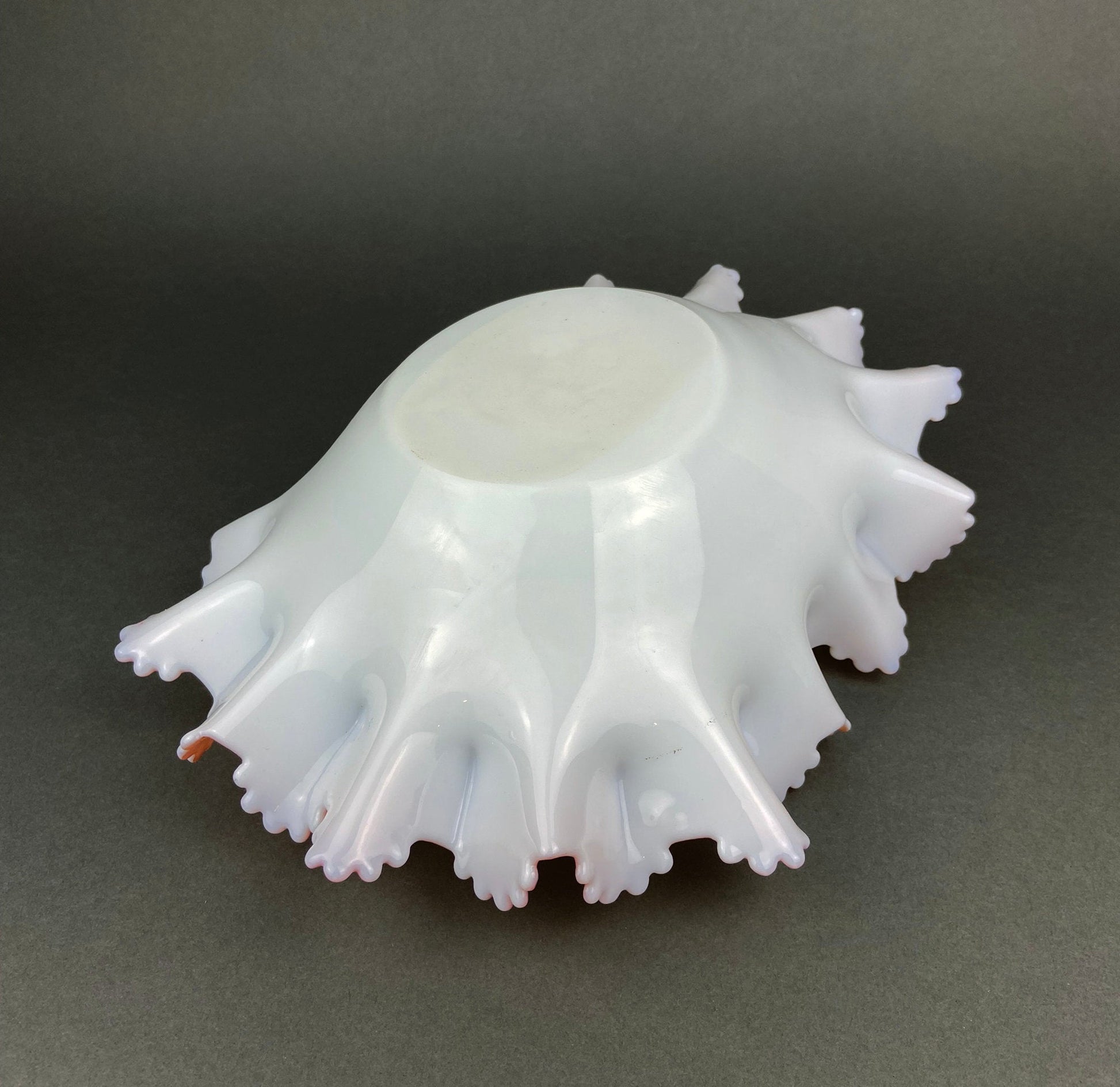 Vintage Heirloom Opalescent Glass Bowl. White and Peachy Pink Serving Dish. Collectible Tableware with Ruffled and Scalloped Edges. - Tampa Home & Garden Store