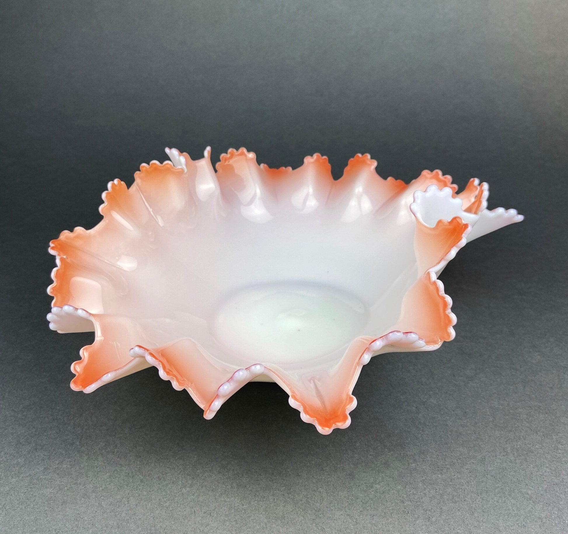 Vintage Heirloom Opalescent Glass Bowl. White and Peachy Pink Serving Dish. Collectible Tableware with Ruffled and Scalloped Edges. - Tampa Home & Garden Store