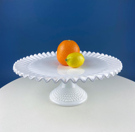Vintage Hobnail Milk Glass Cake Stand. White 13" Cake Serving Platter with Ruffled Edge. Wedding Birthday Holiday Celebration. Dining Rm Decor - Tampa Home & Garden Store