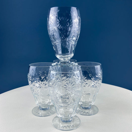 Vintage Iced Tea Juice Water Tumblers with Cut Daisy Garlands Motif. Set of 5 Low Stem Glassware. Dining Room Table Decor. Gift for Him Her. - Tampa Home & Garden Store