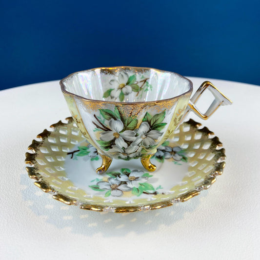 Vintage Iridescent Pearlescent Cup & Saucer. Light Yellow Reticulated Saucer. Jasmine Motif.  Dining Room Decor. Gift for Tea Lover. - Tampa Home & Garden Store