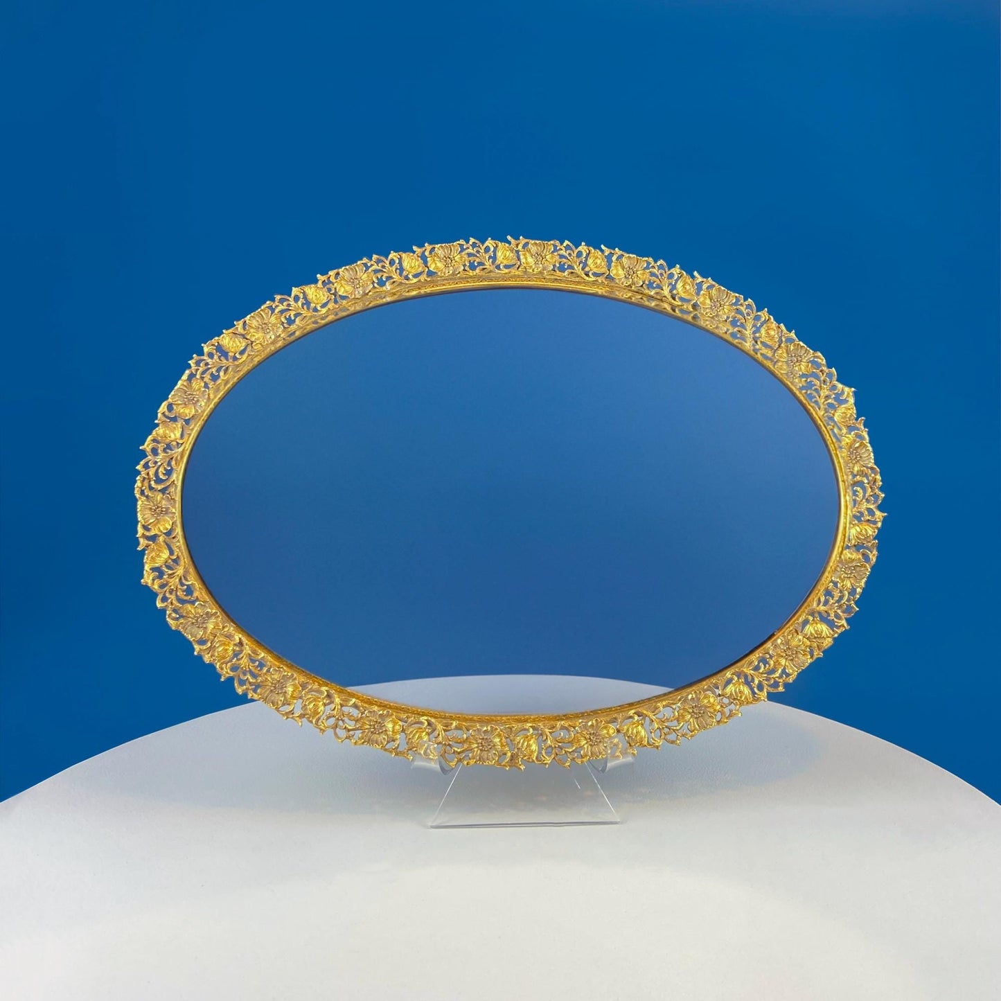 Vintage Large Gold Dresser Vanity Mirror Tray. Rich Gilded Metal Tea Rose Oval Frame. Chic Bedroom Bath Perfume Display. Wall Hanging. - Tampa Home & Garden Store