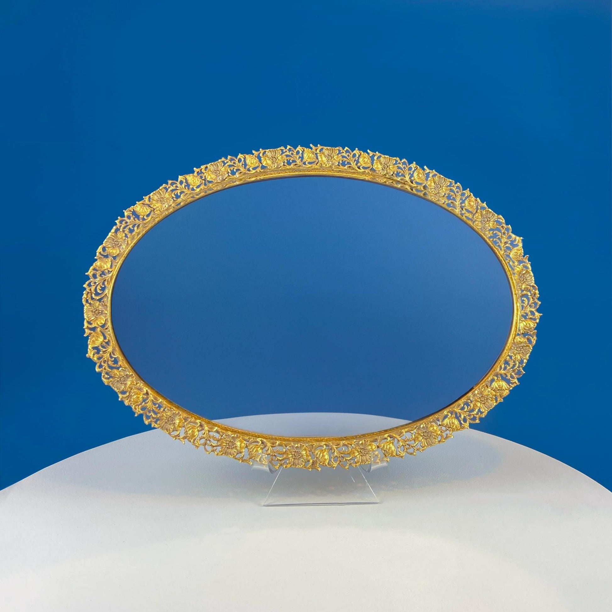 Vintage Large Gold Dresser Vanity Mirror Tray. Rich Gilded Metal Tea Rose Oval Frame. Chic Bedroom Bath Perfume Display. Wall Hanging. - Tampa Home & Garden Store