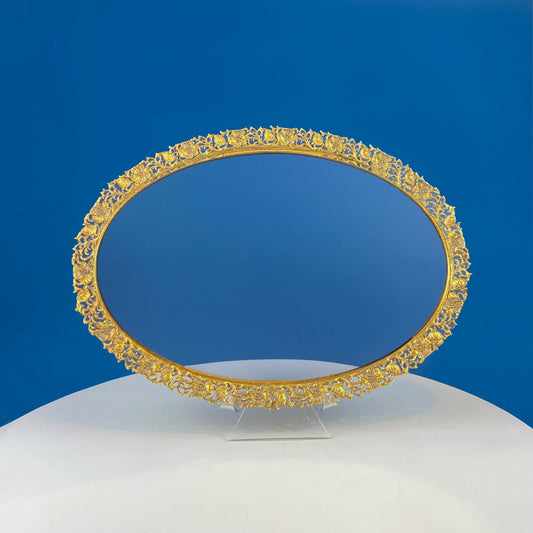 Vintage Large Gold Dresser Vanity Mirror Tray. Rich Gilded Metal Tea Rose Oval Frame. Chic Bedroom Bath Perfume Display. Wall Hanging. - Tampa Home & Garden Store