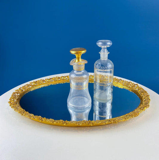 Vintage Large Gold Dresser Vanity Mirror Tray. Rich Gilded Metal Tea Rose Oval Frame. Chic Bedroom Bath Perfume Display. Wall Hanging. - Tampa Home & Garden Store