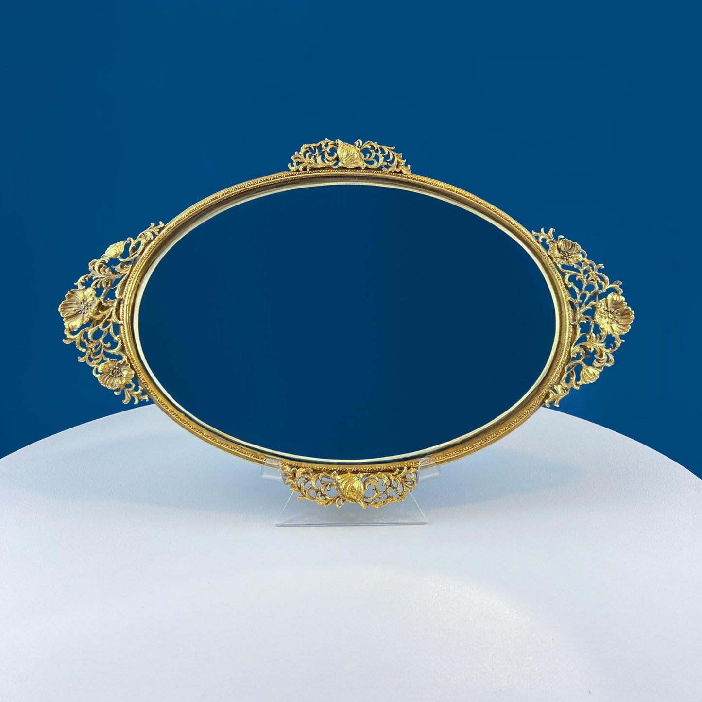 Vintage Large Gold Dresser Vanity Mirror Tray. Rich Gilded Metal Tea Rose Oval Frame. Chic Bedroom Bath Perfume Display. Wall Hanging. - Tampa Home & Garden Store