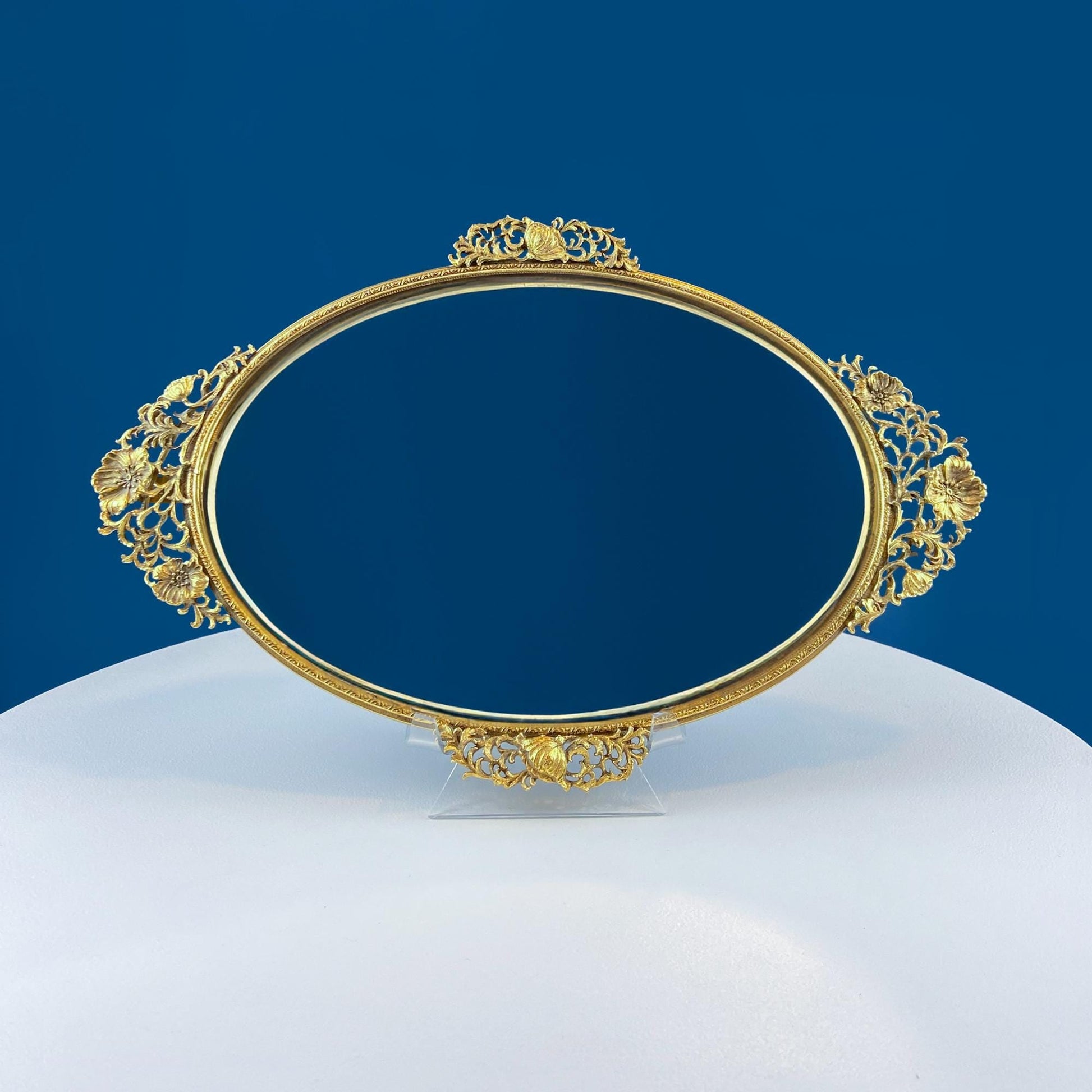 Vintage Large Gold Dresser Vanity Mirror Tray. Rich Gilded Metal Tea Rose Oval Frame. Chic Bedroom Bath Perfume Display. Wall Hanging. - Tampa Home & Garden Store