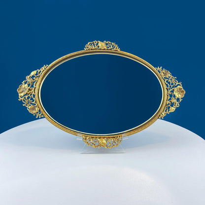 Vintage Large Gold Dresser Vanity Mirror Tray. Rich Gilded Metal Tea Rose Oval Frame. Chic Bedroom Bath Perfume Display. Wall Hanging. - Tampa Home & Garden Store