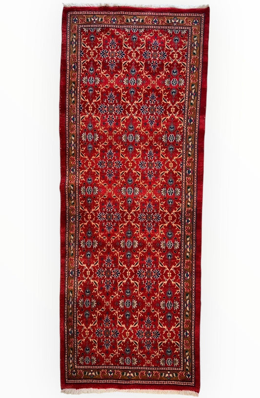 Vintage Mashhad Wool Runner – 3’3” x 8’4” – 1970s, Rich Red with Blue & Beige Accents - Tampa Home & Garden Store