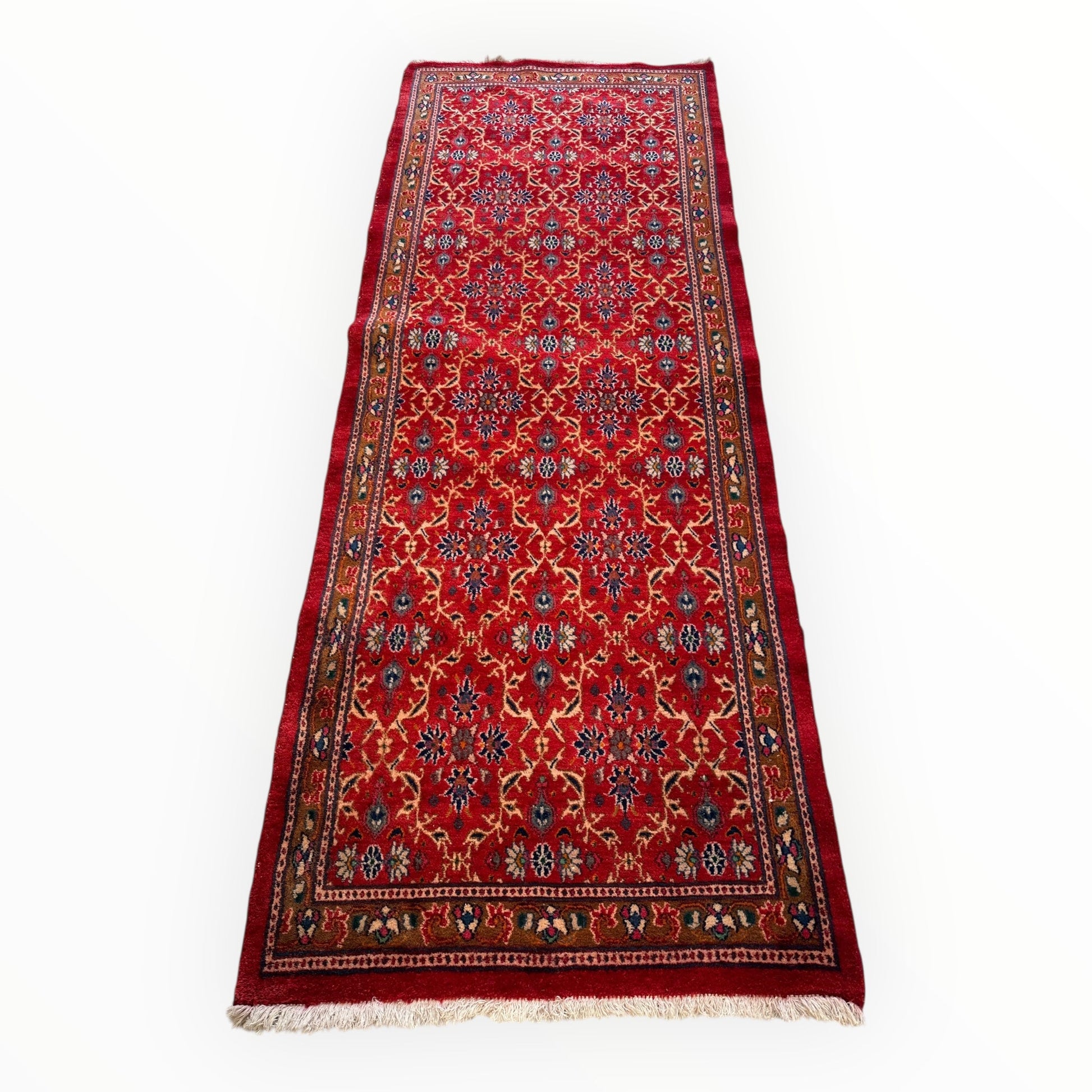 Vintage Mashhad Wool Runner – 3’3” x 8’4” – 1970s, Rich Red with Blue & Beige Accents - Tampa Home & Garden Store