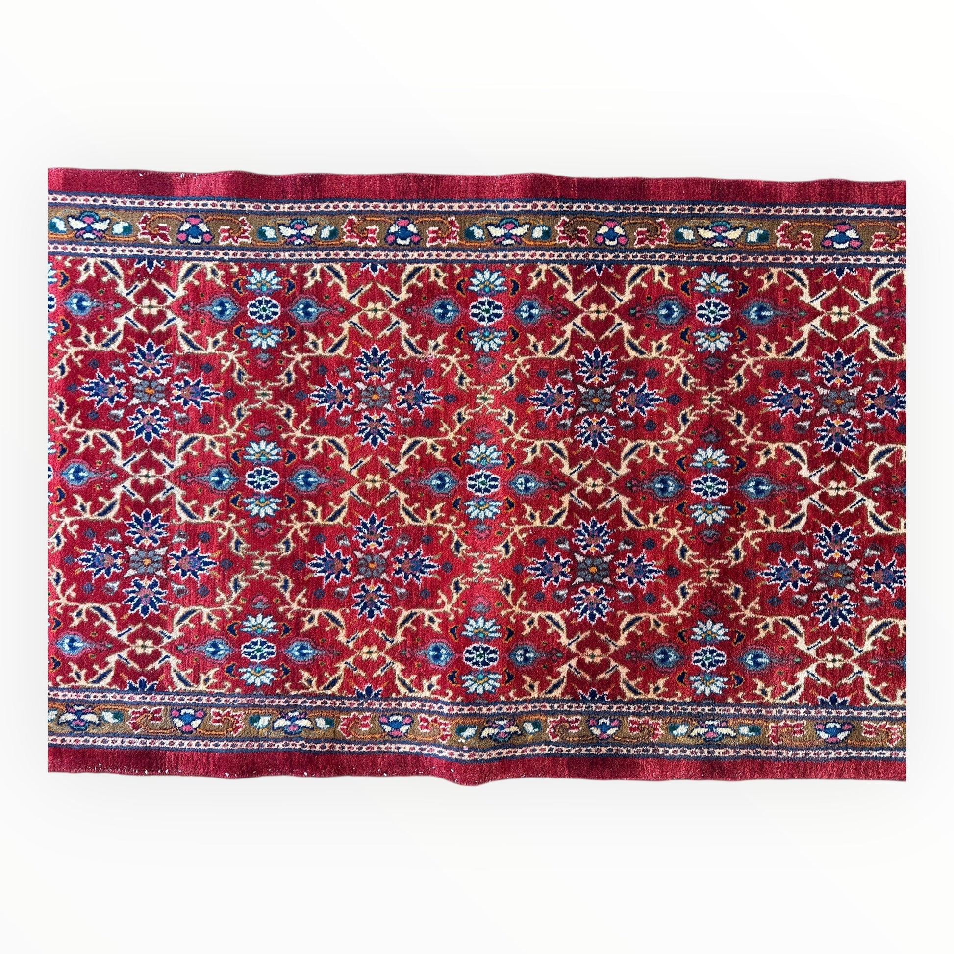 Vintage Mashhad Wool Runner – 3’3” x 8’4” – 1970s, Rich Red with Blue & Beige Accents - Tampa Home & Garden Store