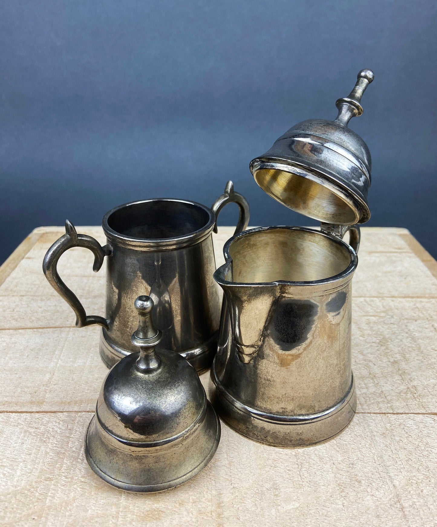 Vintage Metal Coffee Pot, Tea Pot with Creamer & Sugar Bowl with Black Handles. Marked WE B.P.M.S. - Tampa Home & Garden Store