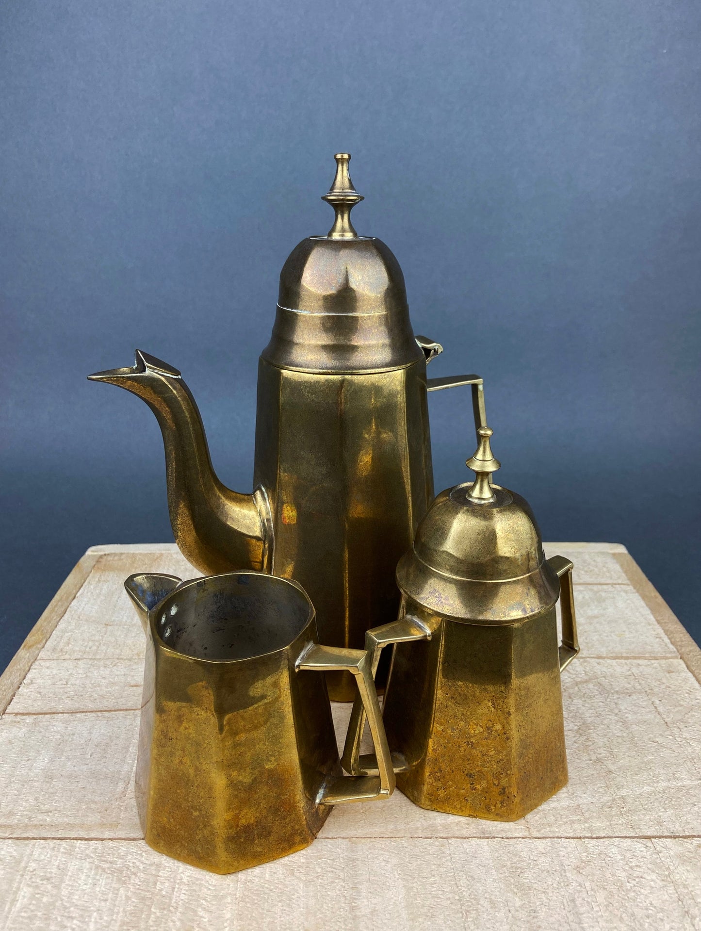 Vintage Metal Coffee Pot, Tea Pot with Creamer & Sugar Bowl with Black Handles. Marked WE B.P.M.S. - Tampa Home & Garden Store