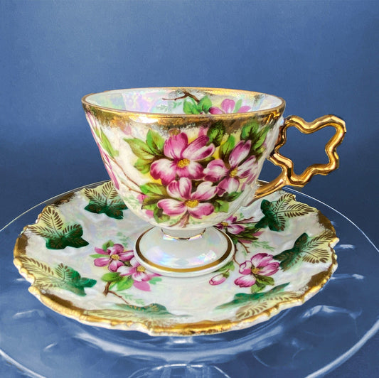 Vintage Metasco Tea Cup and Saucer. Made in Japan. Cherry Blossom Motif. Iridescent Background. Collectible Tea Set. - Tampa Home & Garden Store
