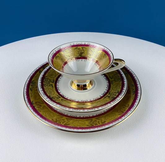 Vintage Mid Century Modern Gold and Ruby Red Porcelain Tea Set Trio. Stunning Gold Floral Motif. Asian Rose. Home Decor. Gift for Him Her. - Tampa Home & Garden Store