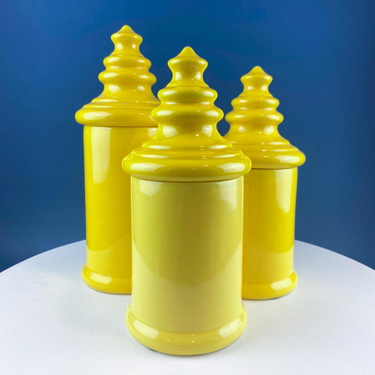 Vintage Mid Century Modern Yellow Ceramic Lantern Shaped Canisters with Lids. Set of 3. Kitchen Dining Rm Decor. Modern Farmhouse. - Tampa Home & Garden Store