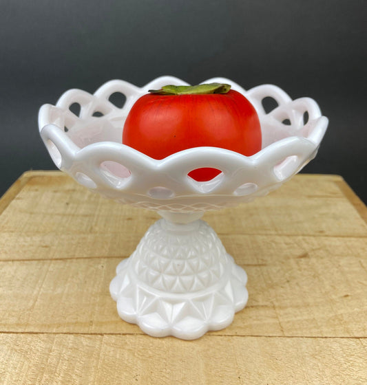 Vintage Milk Glass Compote or Footed Bowl. White Glass Candy Dish. Trinket Dish. Waffle Pattern with Scalloped Reticulated Edge. - Tampa Home & Garden Store