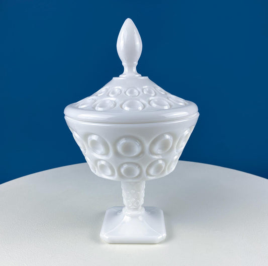 Vintage Milk Glass Footed Bowl with Lid. Circular Embossed Motif. White Bath Bedroom Vanity Storage. Dining Room Decor. Table Centerpiece. - Tampa Home & Garden Store
