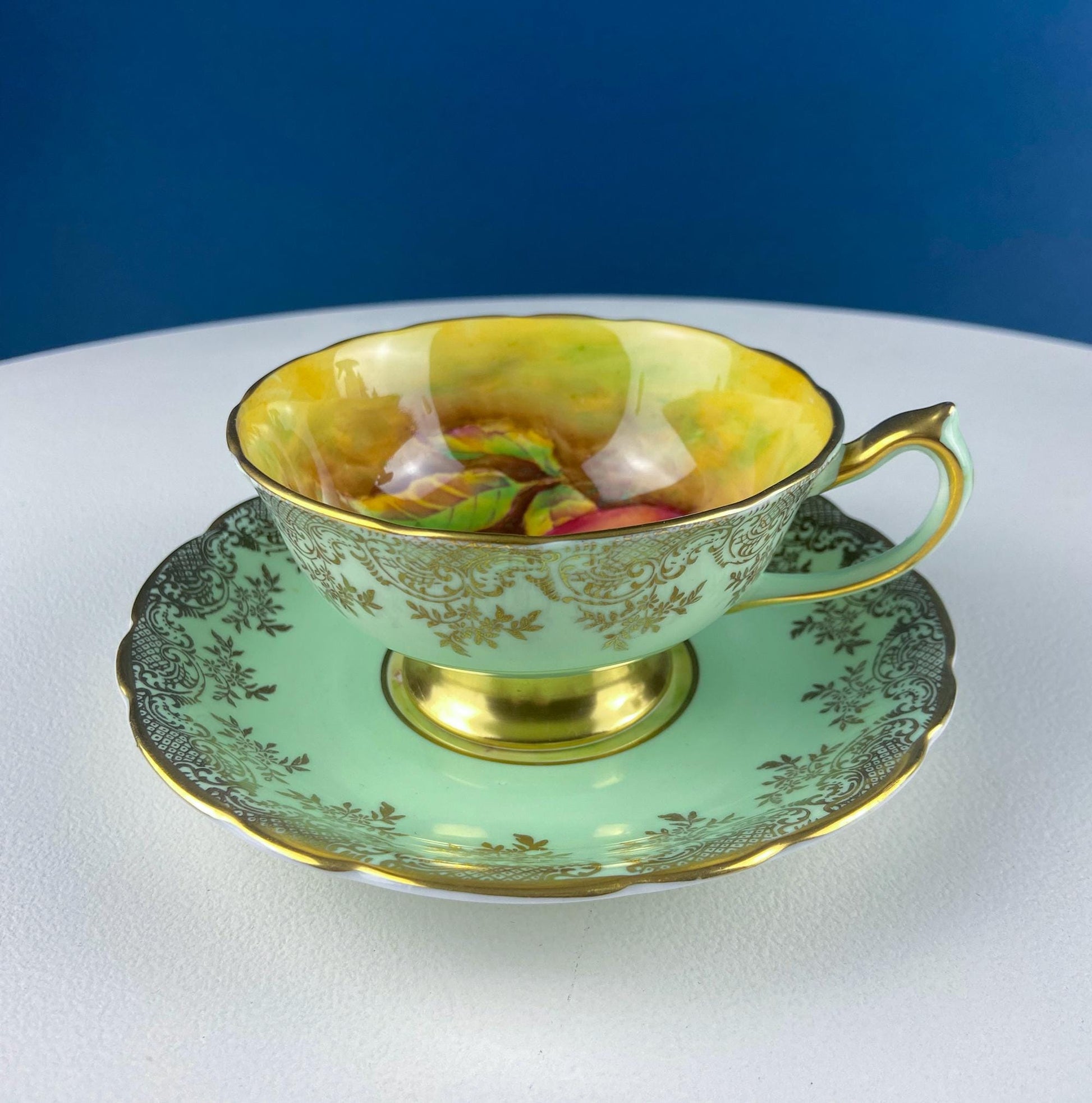 Vintage Mint Green and Gold Tea Cup & Saucer with Fruit Motif. Paragon Fine Bone China. Peaches, Plums, Berries. Gift for Him Her Tea Lover. - Tampa Home & Garden Store