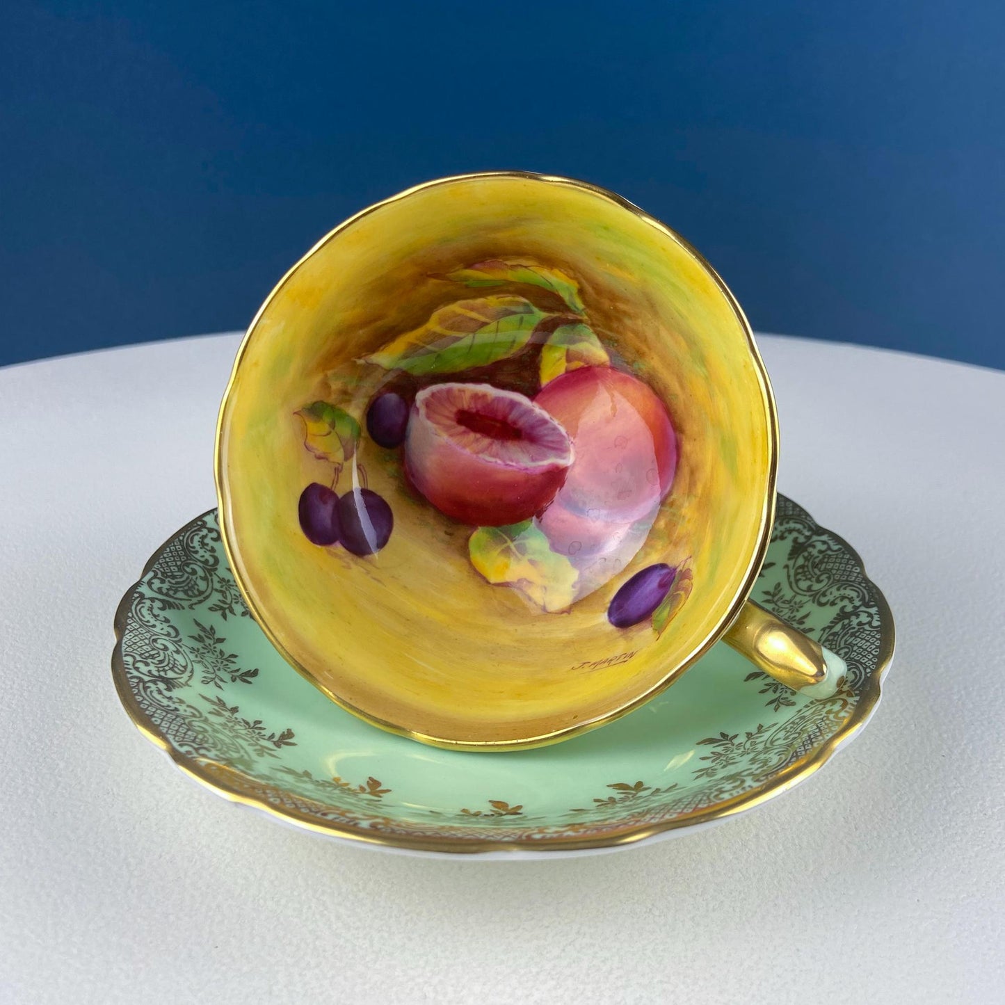 Vintage Mint Green and Gold Tea Cup & Saucer with Fruit Motif. Paragon Fine Bone China. Peaches, Plums, Berries. Gift for Him Her Tea Lover. - Tampa Home & Garden Store