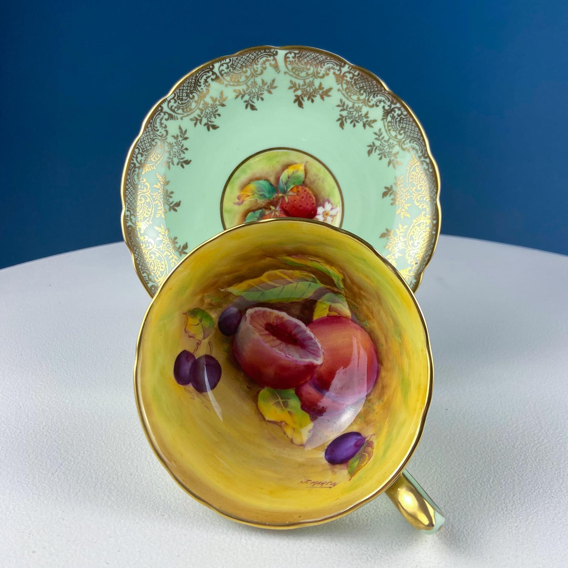 Vintage Mint Green and Gold Tea Cup & Saucer with Fruit Motif. Paragon Fine Bone China. Peaches, Plums, Berries. Gift for Him Her Tea Lover. - Tampa Home & Garden Store