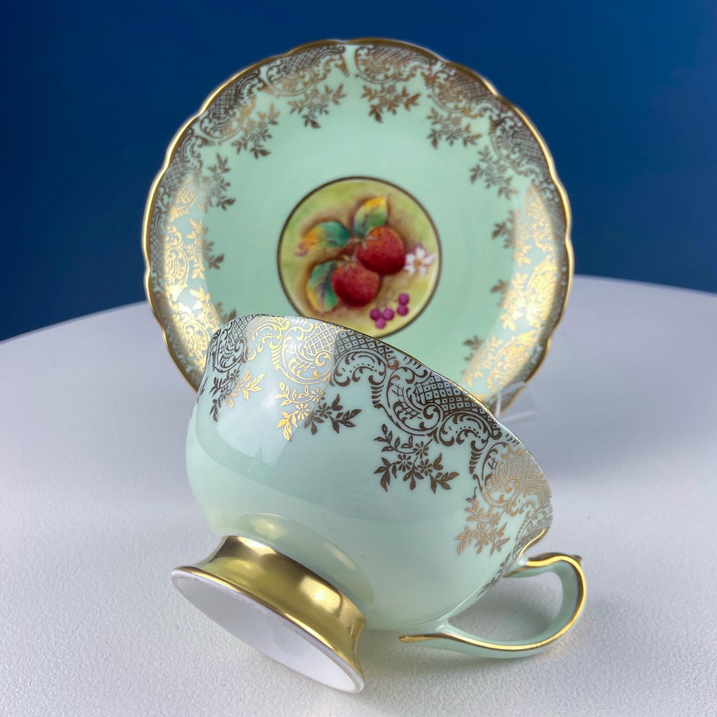Vintage Mint Green and Gold Tea Cup & Saucer with Fruit Motif. Paragon Fine Bone China. Peaches, Plums, Berries. Gift for Him Her Tea Lover. - Tampa Home & Garden Store