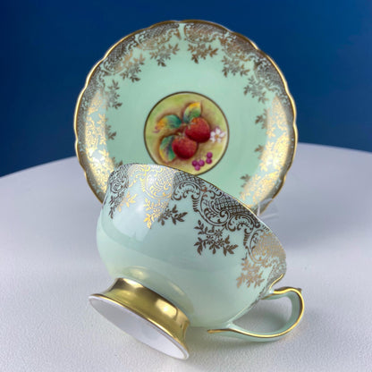 Vintage Mint Green and Gold Tea Cup & Saucer with Fruit Motif. Paragon Fine Bone China. Peaches, Plums, Berries. Gift for Him Her Tea Lover. - Tampa Home & Garden Store