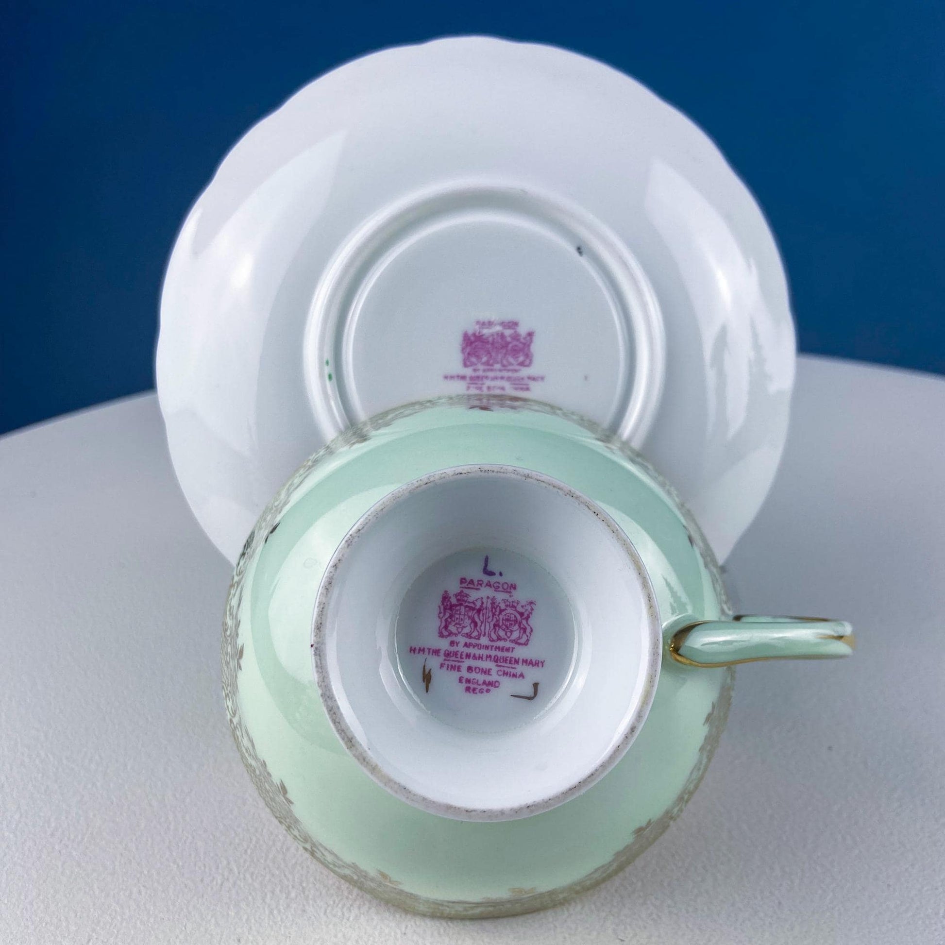 Vintage Mint Green and Gold Tea Cup & Saucer with Fruit Motif. Paragon Fine Bone China. Peaches, Plums, Berries. Gift for Him Her Tea Lover. - Tampa Home & Garden Store