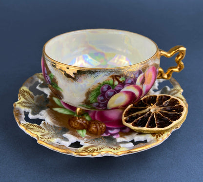 Vintage Mint Green and Gold Tea Cup & Saucer with Fruit Motif. Paragon Fine Bone China. Peaches, Plums, Berries. Gift for Him Her Tea Lover. - Tampa Home & Garden Store
