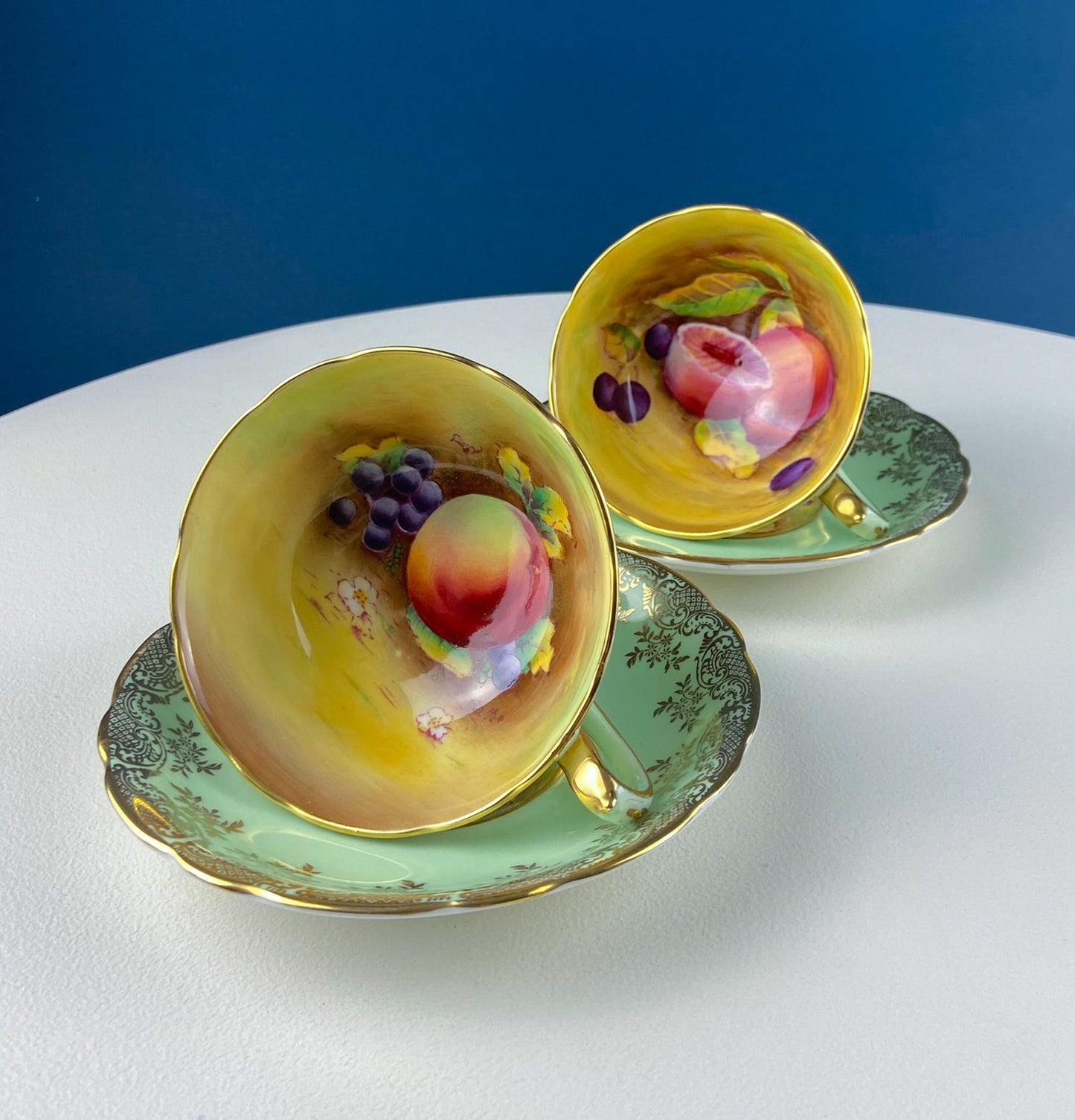 Vintage Mint Green and Gold Tea Cup & Saucer with Fruit Motif. Paragon Fine Bone China. Peaches, Plums, Berries. Gift for Him Her Tea Lover. - Tampa Home & Garden Store
