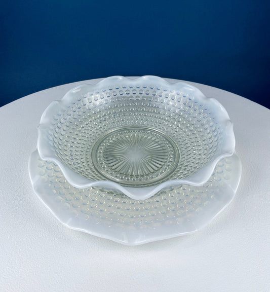 Vintage Moonstone Serving Set. Hobnail Large Bowl and Matching Plate. Salad or Fruit Bowl. Serving Platter. Modern Table Centerpiece. - Tampa Home & Garden Store