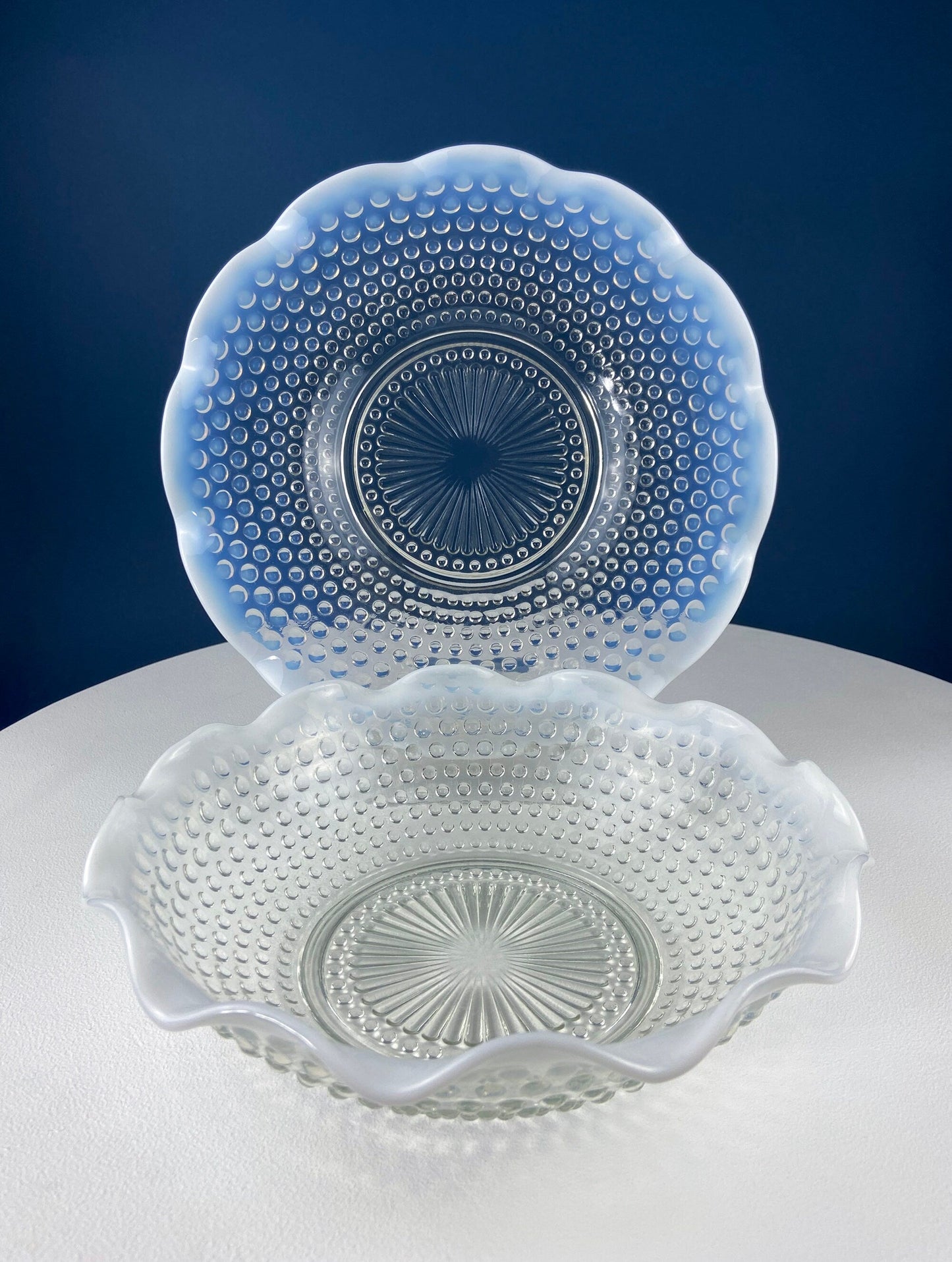 Vintage Moonstone Serving Set. Hobnail Large Bowl and Matching Plate. Salad or Fruit Bowl. Serving Platter. Modern Table Centerpiece. - Tampa Home & Garden Store