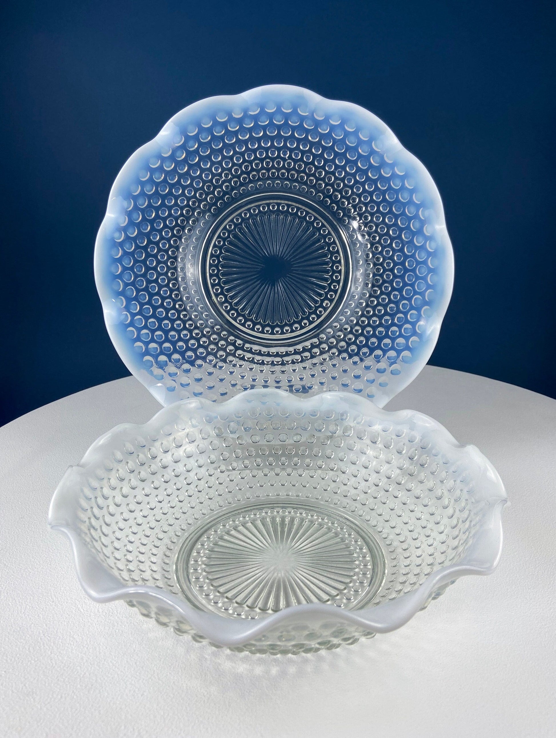 Vintage Moonstone Serving Set. Hobnail Large Bowl and Matching Plate. Salad or Fruit Bowl. Serving Platter. Modern Table Centerpiece. - Tampa Home & Garden Store