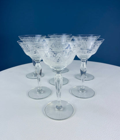 Vintage New Martinsville Tall Sherbet Champagne Glasses. Set of 7 Prelude Etched Stemware. Highly Collectible Barware. Wedding Registry. - Tampa Home & Garden Store