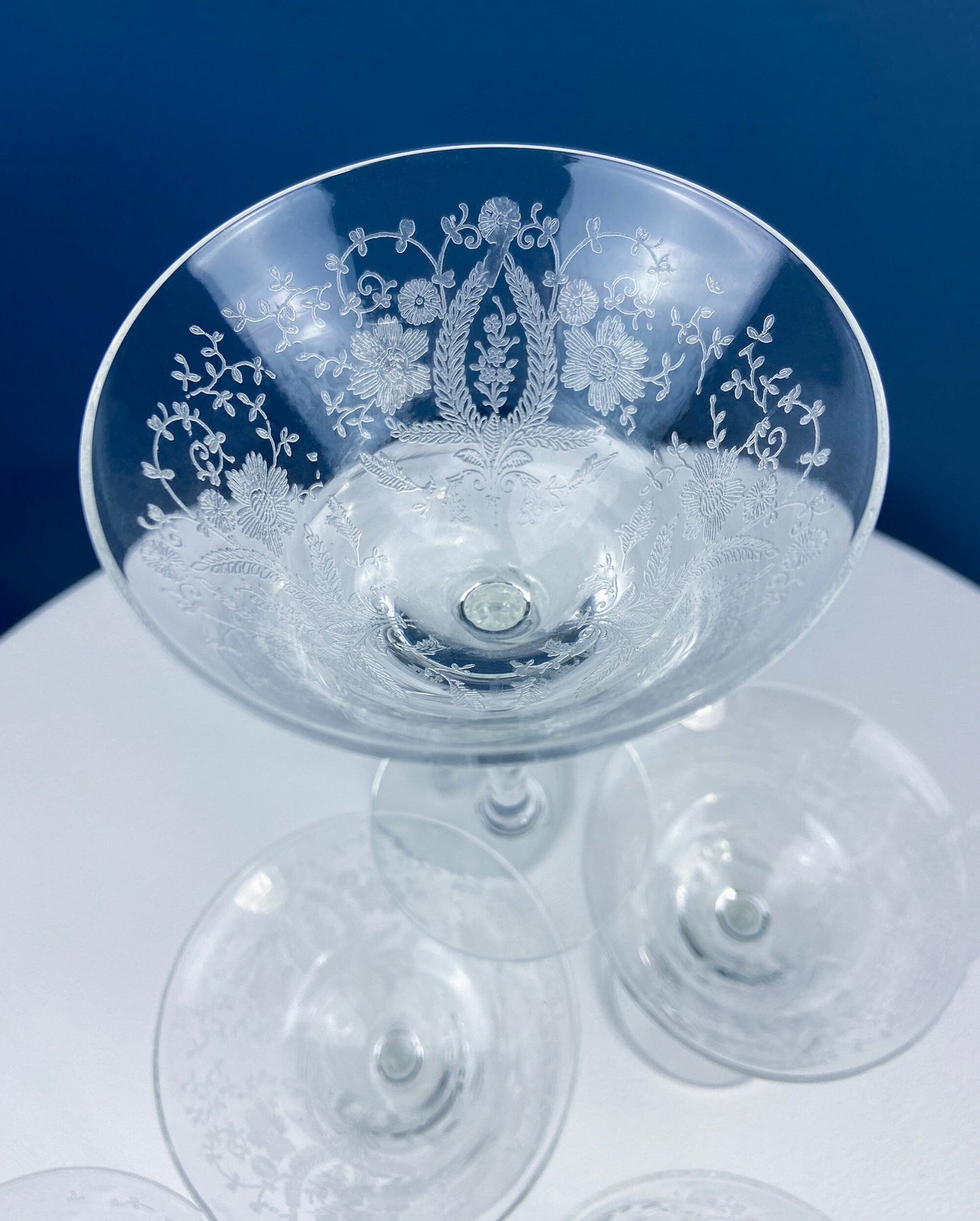 Vintage New Martinsville Tall Sherbet Champagne Glasses. Set of 7 Prelude Etched Stemware. Highly Collectible Barware. Wedding Registry. - Tampa Home & Garden Store